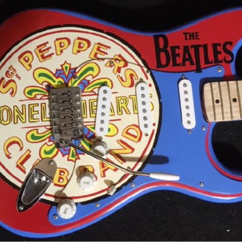 The Beatles Guitar SGT Peppers Lonely Hearts Club Band Hand Painted Fender Guitar by Bill Schuler